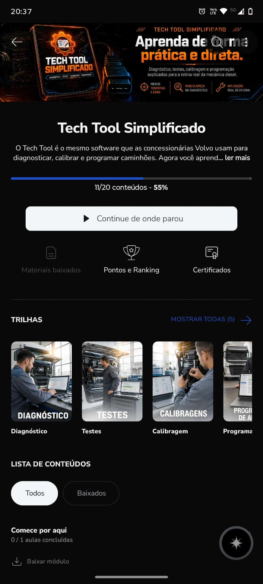 O Tech Tool Simplificado no aplicativo, com as 5 trilhas